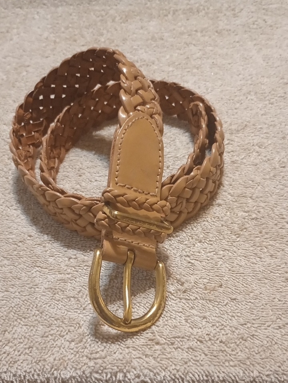 Women's Woven Tan Talbots Leather Belt with Gold-Tone Buckle Preowned